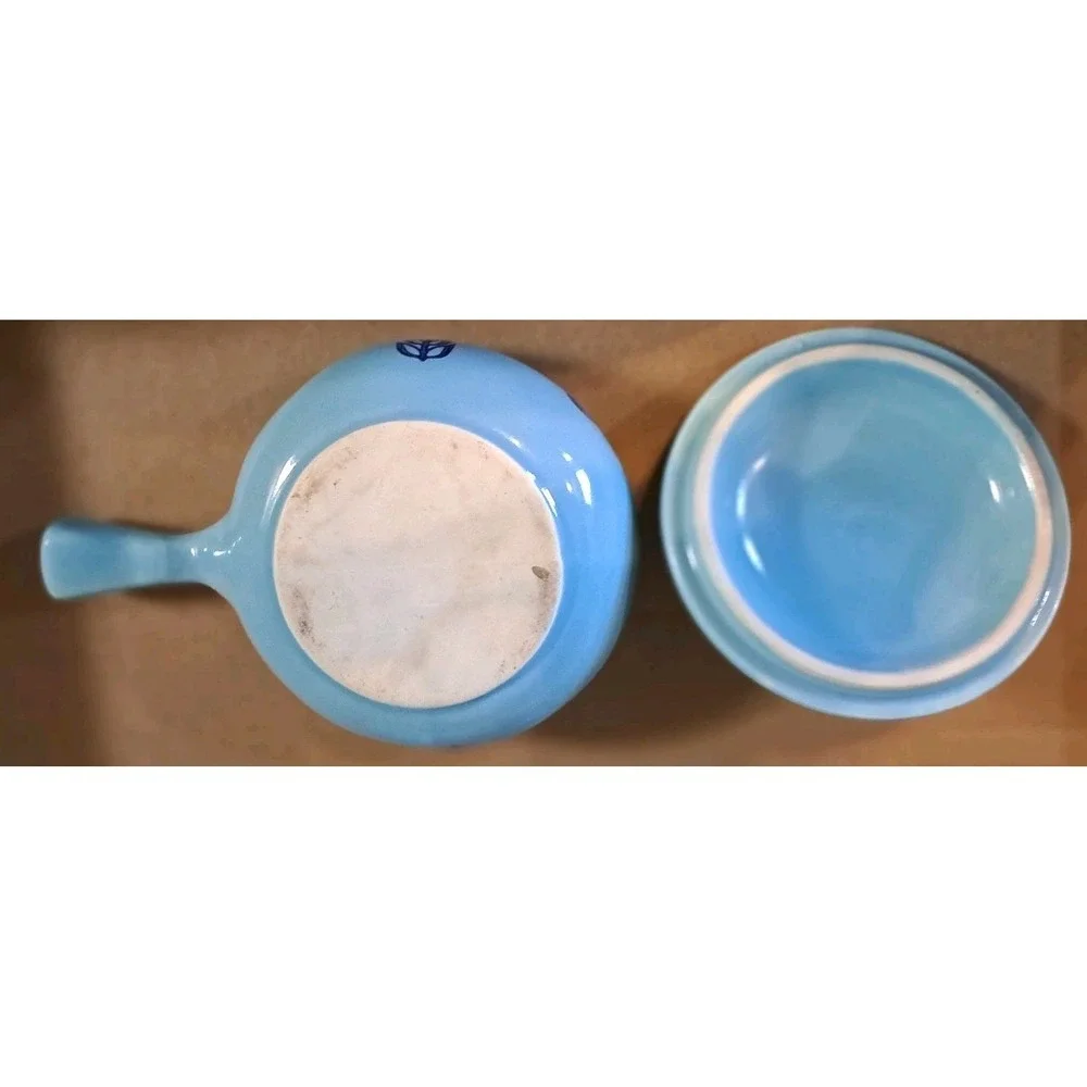 Lot Of 4 Vtg MCM Cronin Blue Tulip Mini Soup/Pot w Lid/Handle Dutch Ovenware USA